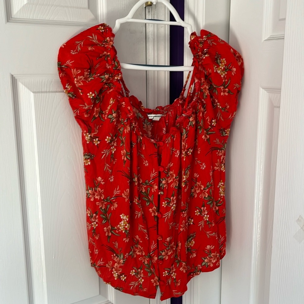 American Eagle XL Red Floral Off the Shoulder Top